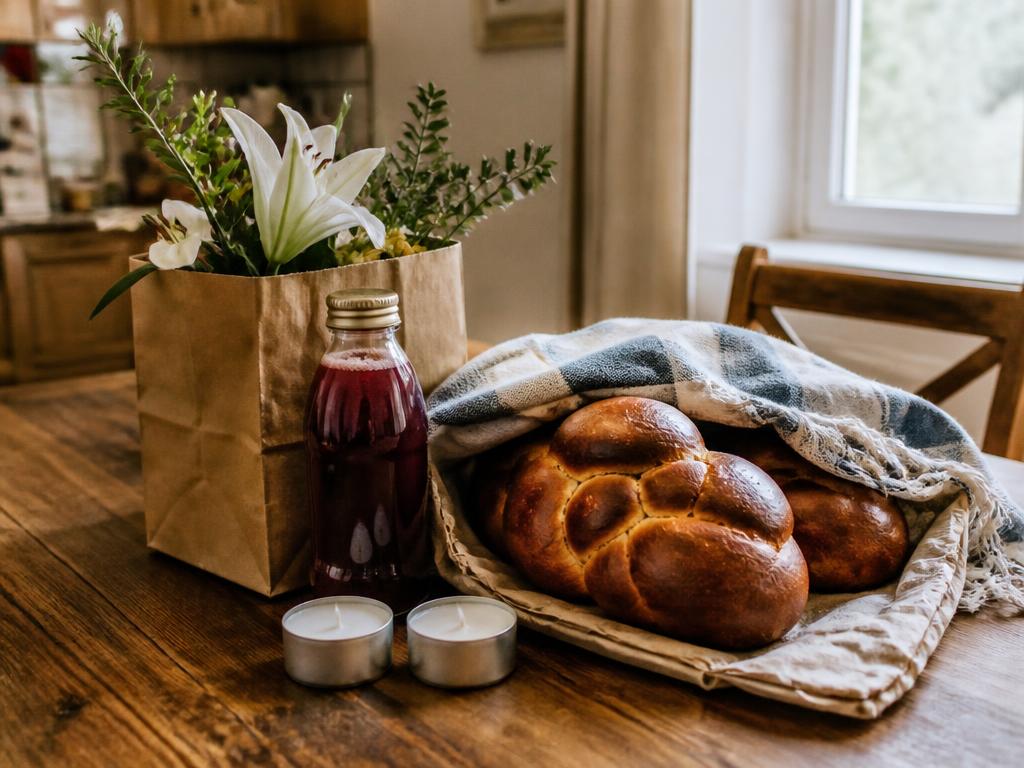 A Shabbat care package with challah, grape juice, candles, and flowers