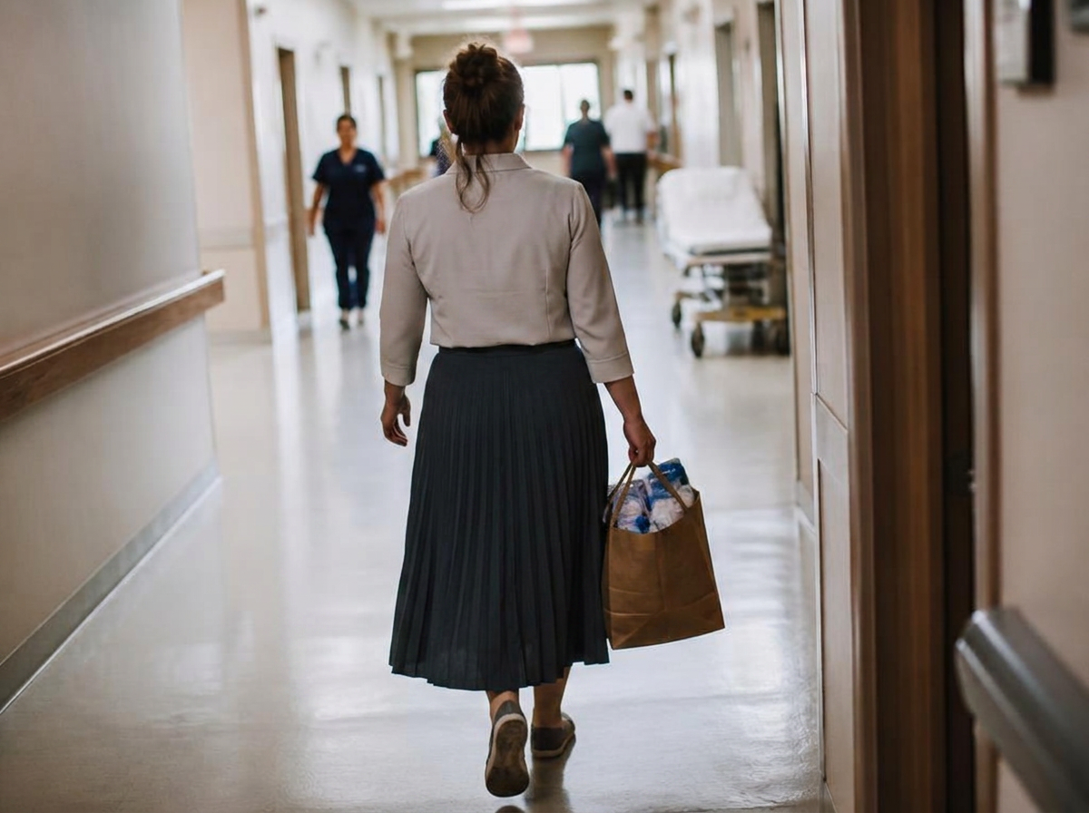 A smiling volunteer carrying a care package down a hospital corridor
